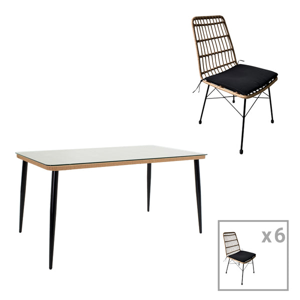 Set de 7 buc masa si scaune de gradina Naoki U ratan Natural si metal, negru, 160x90x78 cm
