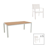 Set de 7 buc masa si scaune de gradina Nares Moly aluminiu alb si placaj, Natural, 180x90x72 cm