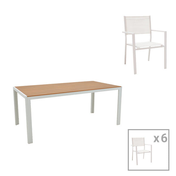 Set de 7 buc masa si scaune de gradina Nares Moly aluminiu alb si placaj, Natural, 180x90x72 cm