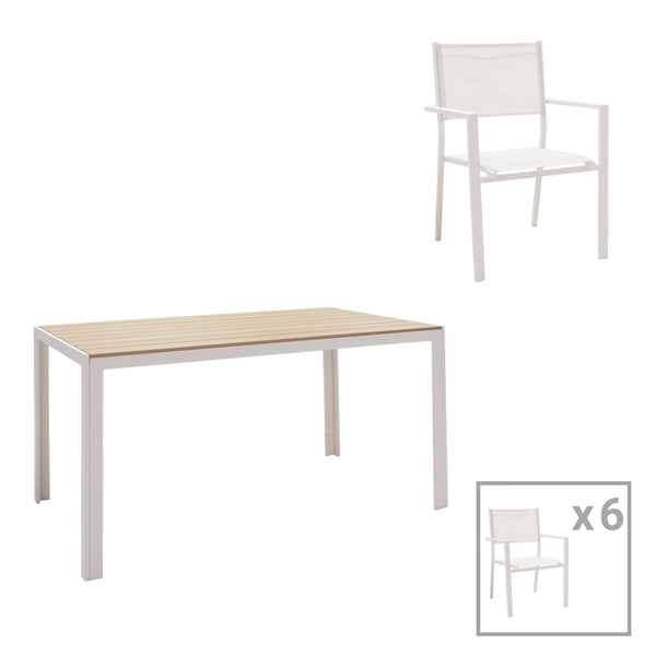 Set de 7 buc masa si scaune de gradina Nares-Moly aluminiu si plasa, alba, 140x80x72 cm