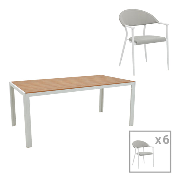 Set de 7 buc masa si scaune de gradina Nares-Pino B aluminiu alb si placaj, Natural, 180x90x72 cm