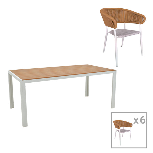 Set de 7 buc masa si scaune de gradina Nares-Raven B aluminiu alb si placaj, Natural, 180x90x72 cm