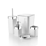 Set de baie Feride, Dozator de sapun, Perie, Suport de periuta de dinti, Sapuniera, Coș de Gunoi, 34x13x9 cm - Alb
