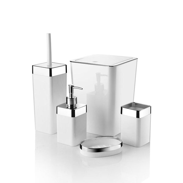Set de baie Feride, Dozator de sapun, Perie, Suport de periuta de dinti, Sapuniera, Coș de Gunoi, 34x13x9 cm