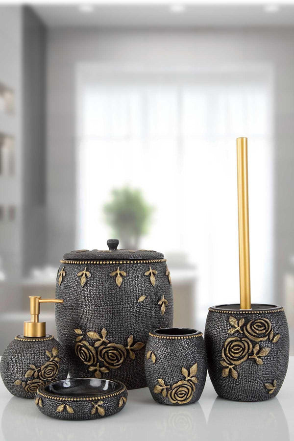 Set de Baie Lux Elvin, Dozator de sapun, Perie, Suport de periuta de dinti, Sapuniera, Coș de Gunoi, Gri, 40x120 cm