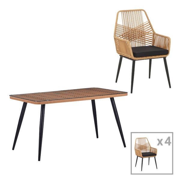 Set de dining Naoki-Tanish 5 bucati din ratan de sticla PE, Natural cu picioare negre, 140x80x78 cm