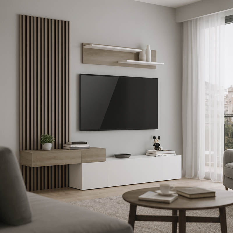 Set de living Litende cu Riflaj, Alb-sonoma, 249x42x199 cm
