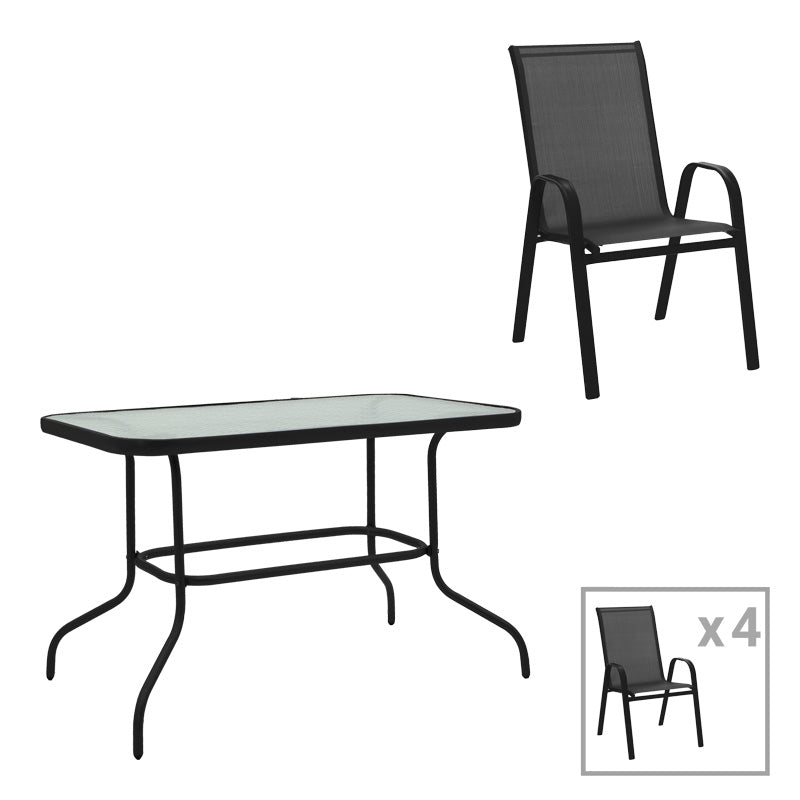 Set de masă cu scaune Valor-Calan, Metal/ Sticlă/ Textilenă, Negru, 110x60x70 cm