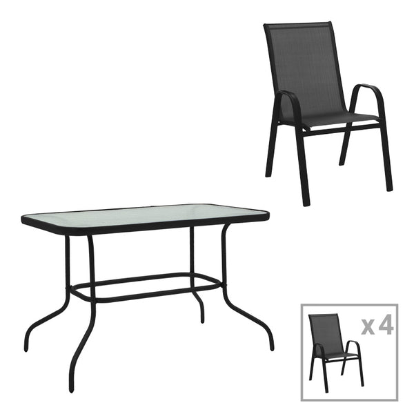 Set de masă cu scaune Valor-Calan, Metal/ Sticlă/ Textilenă, Negru, 110x60x70 cm