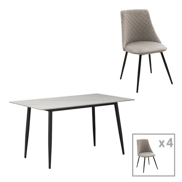 Set de Masa de dining Gustas-Giselle, 5 piese, marmura Alba pietruita-negru metalic, 120x80x75 cm