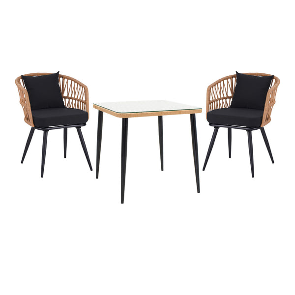 Set de Masa de dining Naoki 3 piese metal negru-pe stejar Natural-sticla, 80x80x78 cm