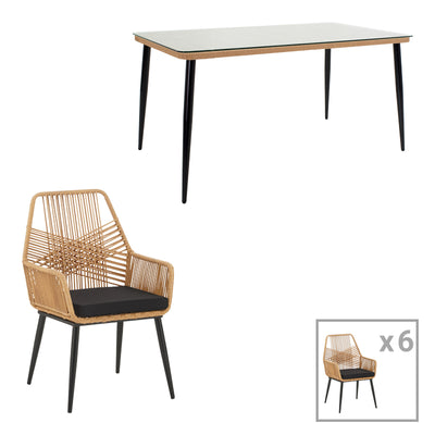 mobilier de gradina Set de Masa de restaurant Naoki-Tanish din de 7 piese din ratan Natural-metal-negru-sticla 160x90x78 cm