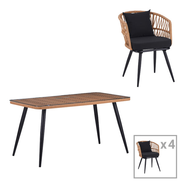Set de Masa Naoki 5 piese din sticla-PE rattan Natural cu picioare, negre, 140x80x78 cm