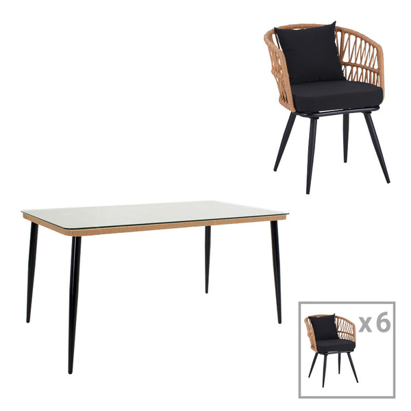 Set de Masa Naoki 7 bucati metal negru-pe Natural-sticla, 160x90x78 cm