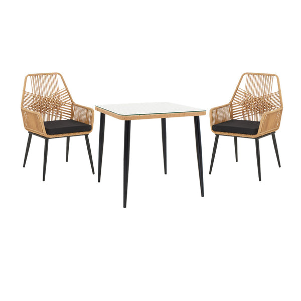Set de Masa Naoki-Tanish 3 piese din metal negru-pe Natural sticla, 80x80x78 cm