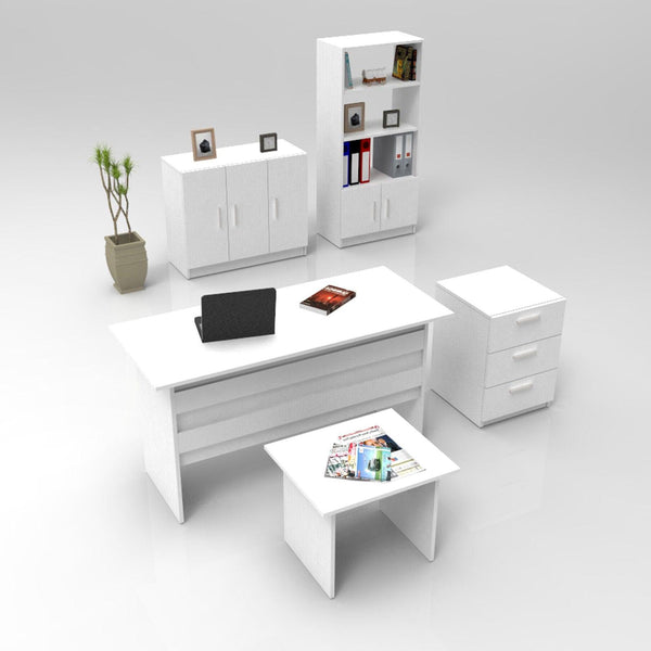 Set de mobilier de birou Barsto, Alb - Nuc - Stejar, 5 piese Elegante, 140x60x74 cm