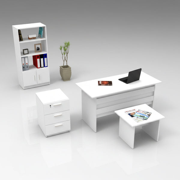 Set de mobilier de birou Clabber, Alb - Stejar - Nuc, 4 piese Biblioteca - Birou - Masa - Rollbox, 140x60x74 cm