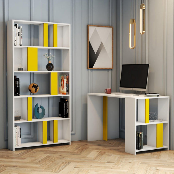 Set De Mobilier De Birou Elegant Sevda, Alb - Galben, 2 piese, 20x90x180 cm