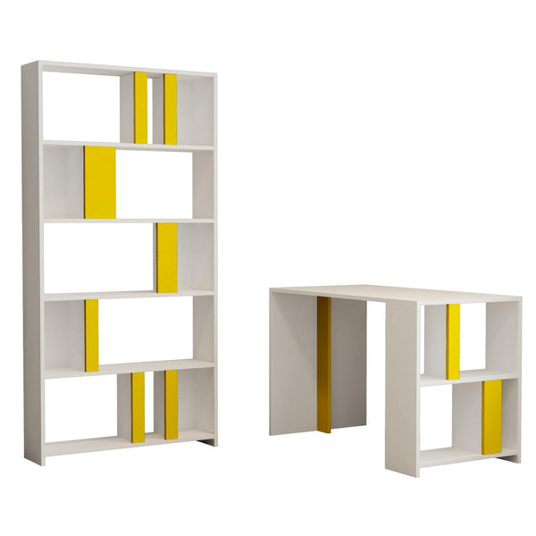 Set De Mobilier De Birou Elegant Sevda, Alb - Galben, 2 piese, 20x90x180 cm