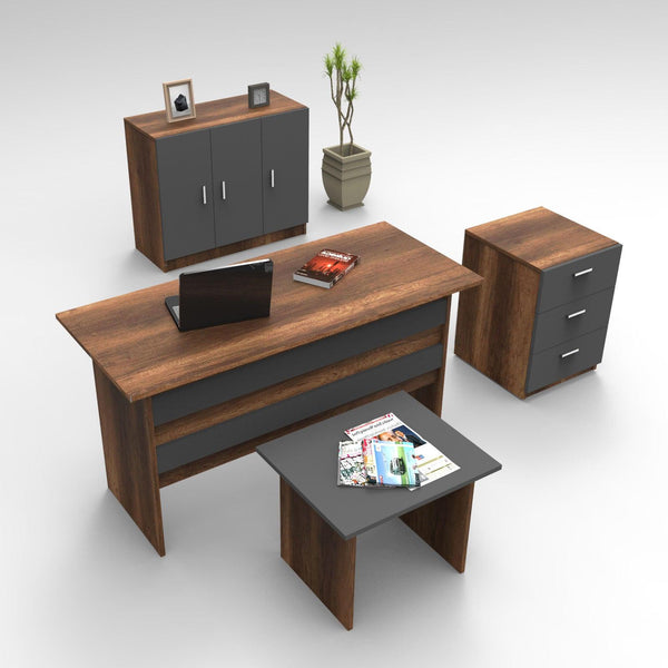 Set de mobilier de birou Torrens, Alb - Nuc - Stejar, 4 Piese, Birou - Biblioteca - Rollbox - Masuta, 140x60x74 cm