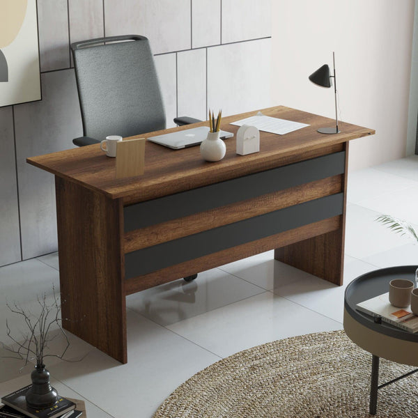 Set de mobilier de birou Torrens, Alb - Nuc - Stejar, 4 Piese, Birou - Biblioteca - Rollbox - Masuta, 140x60x74 cm
