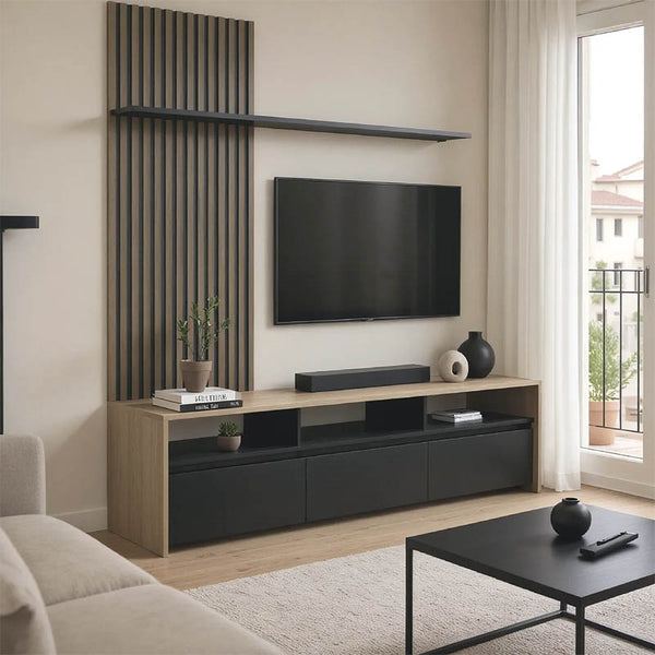 Set de mobilier living cu rafturi Delfina și metal, Sonoma - Negru, 190x40x199 cm