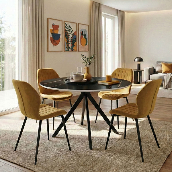 Set de sufragerie cu masă neagră orbitală și scaune galbene Jelour, Metal și Lemn, Masă: , 5 piese, 120x76 cm