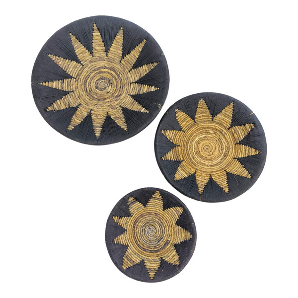 Set Decorativ Perete Ratan Circy, Negru-Bej, Ratan, 3 Piese - Accente Elegante și Naturale pentru Casa Ta!, 50x50x8 cm