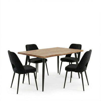 Set dining cu Murde Chairs negru and Neve masă negru 140x80x75cm set 5 piese, Natural, 140x80x75 cm, vedere frontală, MDF, metal, stofă, pentru living sau bucătărie