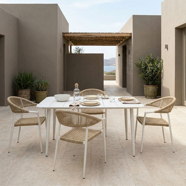 Set dining exterior Ammos Vista, 5 piese, Alb-Natural, aluminiu si ratan PE, 150x80x72 cm