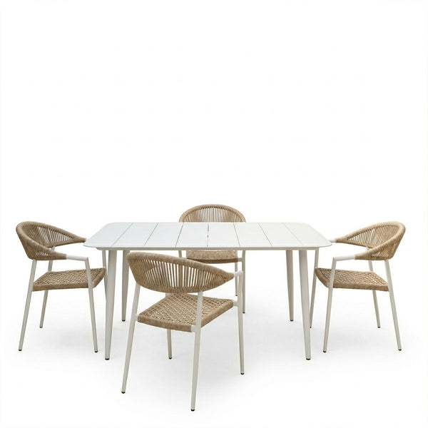 Set dining exterior Ammos Vista, 5 piese, Alb-Natural, aluminiu si ratan PE, 150x80x72 cm