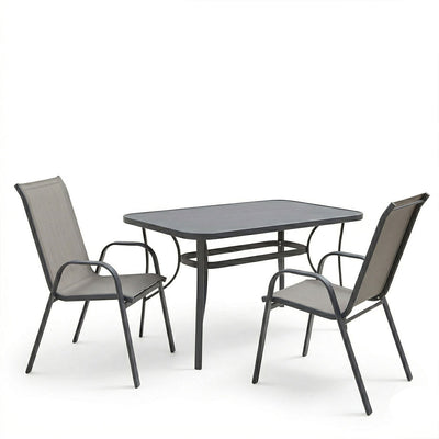 Set dining exterior Ensure Calan, 3 piese, Antracit, metal si sticla, 120x70x70 cm, vedere frontală, metal, stofă, sticlă, pentru living sau bucătărie