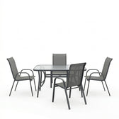 Set dining exterior Ensure Calan, 5 piese, Antracit, metal si sticla, 120x70x70 cm, vedere frontală, metal, stofă, sticlă, pentru living sau bucătărie