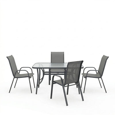 Set dining exterior Ensure Calan, 5 piese, Antracit, metal si sticla, 120x70x70 cm, vedere frontală, metal, stofă, sticlă, pentru living sau bucătărie