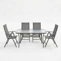 Set dining exterior Ensure Candor, 5 piese, Antracit, metal si sticla, 120x70x70 cm, vedere frontală, metal, stofă, sticlă, pentru living sau bucătărie