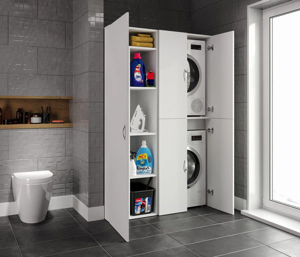 Set Dulap Baie pentru Masina de spalat, uscator si masa de calcat, Miranda, Alb, 71x194x69 cm, 54x194x52 cm