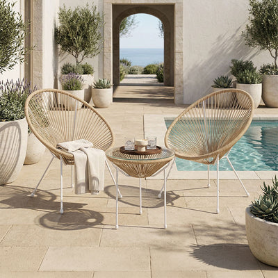 Set lounge exterior Acapulco, 3 piese, Alb-Natural, metal si ratan PE, imagine principală, metal, ratan, sticlă, pentru grădină sau terasă