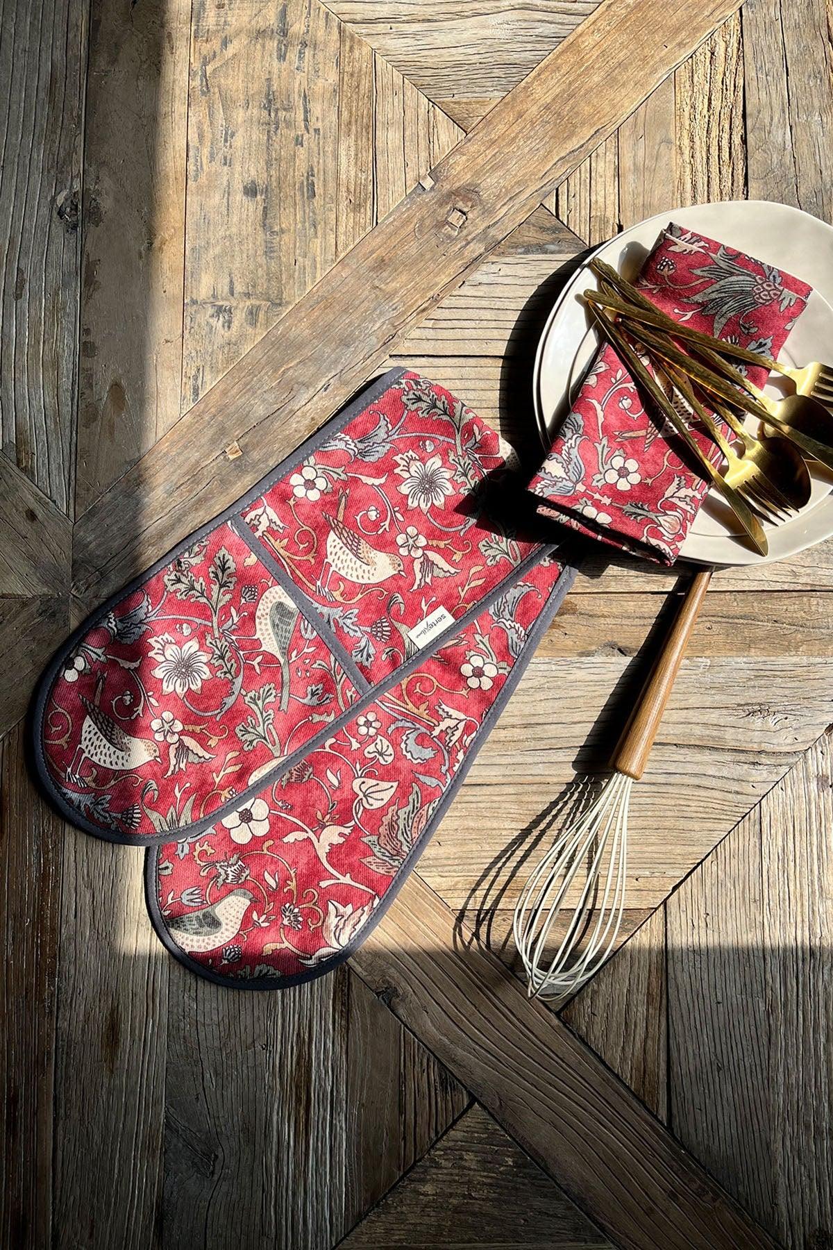 Set Manusi Cuptor (2 Pieces) Burgundy Flower, Rosu bordo, 18x2x86 cm