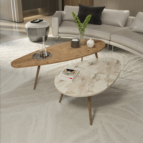 Set masa de cafea 2 piese Monty, Lemn și Imitatie Marmura, Natural-Bej, 116x46x46 cm