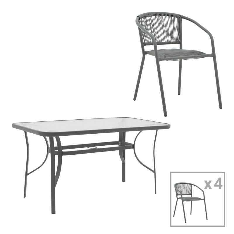 Set masă de sufragerie cu 4 scaune Ensure-Lindaria, Metal și Sticlă, Gri antracit, 140x80x70 cm