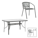 Set masă de sufragerie cu 4 scaune Ensure-Lindaria, Metal și Sticlă, Gri antracit, 140x80x70 cm