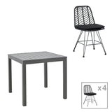 Set Masa Dining cu 4 Scaune Kliton-Naoki, Aluminiu și metal, Închis Antracit Negru, 80x80x74 cm