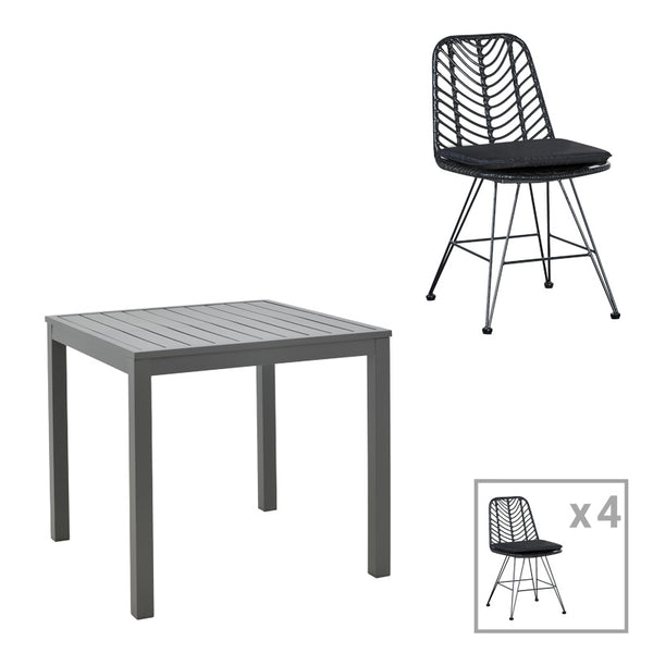 Set Masa Dining cu 4 Scaune Kliton-Naoki, Aluminiu și metal, Închis Antracit Negru, 80x80x74 cm