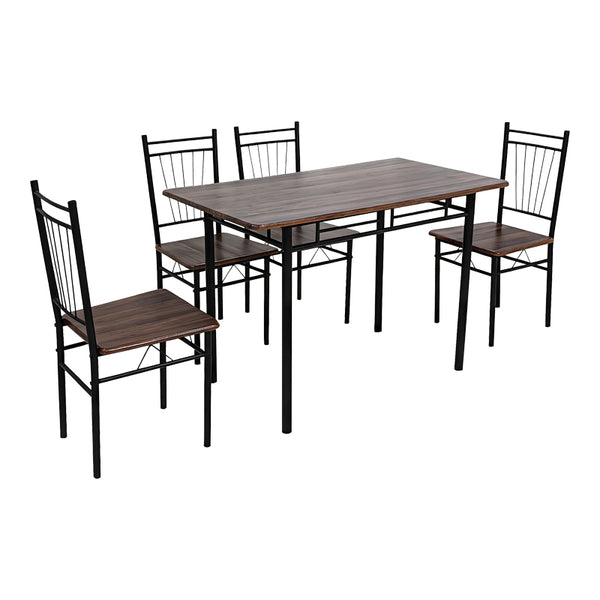 Set masă dining cu 5 piese, imitatie nuc și metal, model Roza, picioare, negre, 110x60x75 cm