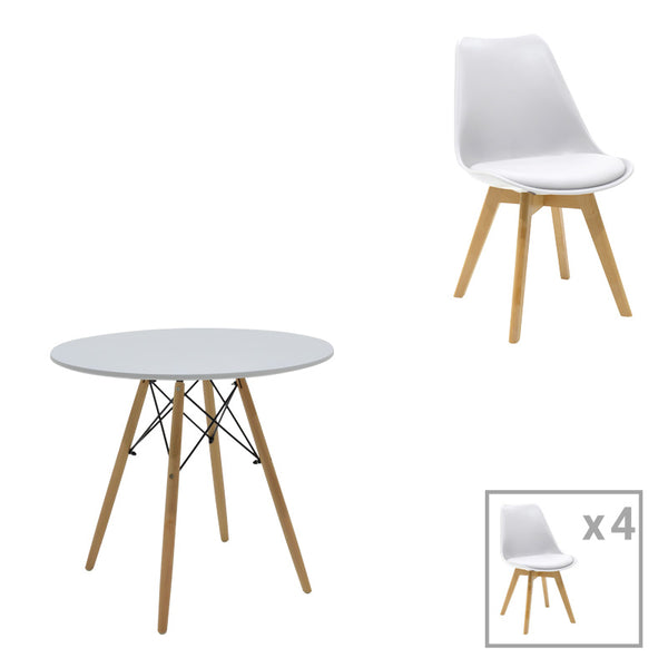 Set masa dining Julita-Gaston, cu 5 piese, și lemn de fag, alb-natur, 80x73 cm