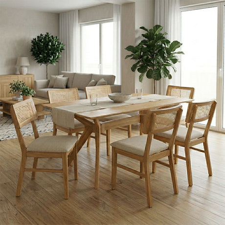 Set masă dining Raffles cu 7 piese, lemn cauciucat și ratan, natural, 150x90x76 cm
