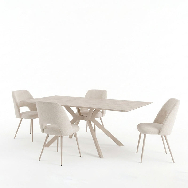 Set masa si 4 scaune Olven-Nelda, Piatra sinterizata si catifea, Crem-Travertin, 180x90x75 cm, imagine ambient