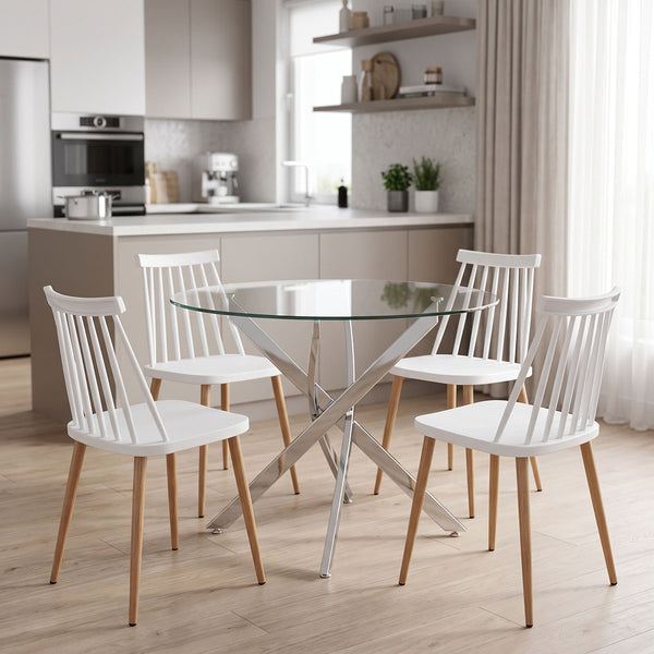 Set masa si scaune Aurora dining, Sticla, Alb, D80x75 cm