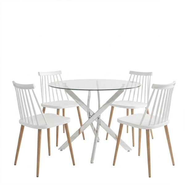 Set masa si scaune Aurora dining, Sticla, Alb, D80x75 cm
