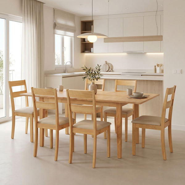 Set masa si scaune Dallan Country, Lemn rubberwood, Natural, 150x80x74 cm